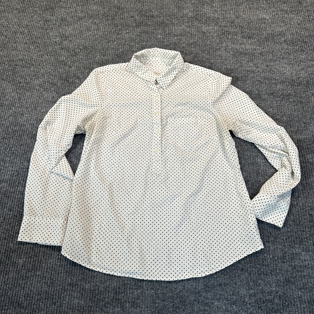 Merona Polka Dot Popover Blouse Medium White Black Long Sleeve Pocket